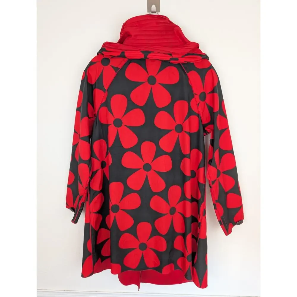 UBU Raincoat Reversible Pleated Floral Hooded Spring Fall Quirky Red Size S